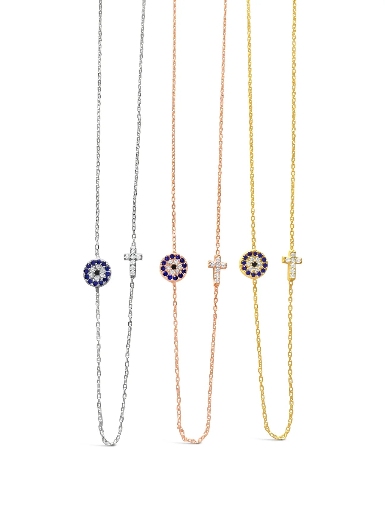 SUE SENSI STERLING SILVER HOLD ONTO PEACE NECKLACE WITH CUBIC ZIRCONIA EVIL EYE AND CROSS.