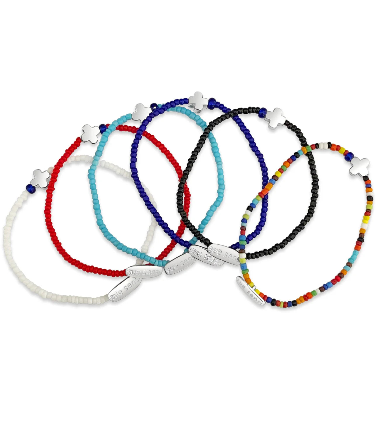 SUE SENSI HOLY BLACK BEAD BRACELET WITH STERLING SILVER CROSS.