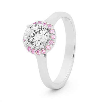 9CT WHITE GOLD AND SAPPHIRE CUBIC ZIRCONIA HALO RING