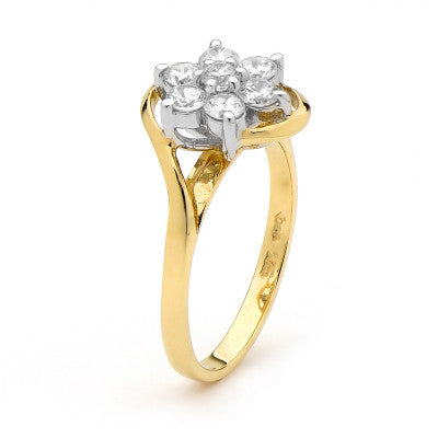 9CT YELLOW GOLD CUBIC ZIRCONIA SEVEN STONE CLUSTER RING