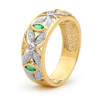 9CT YELLOW GOLD CREATED MARQUISE EMERALD AND DIAMOND RING.