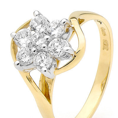 9CT YELLOW GOLD CUBIC ZIRCONIA SEVEN STONE CLUSTER RING