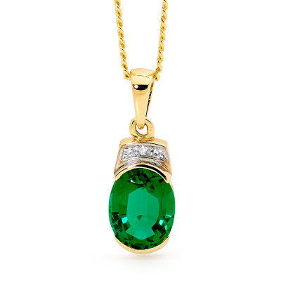 9CT YELLOW GOLD CREATED EMERALD AND DIAMOND PENDANT