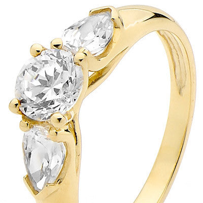 9CT YELLOW GOLD ROUND AND PEAR SHAPE CUBIC ZIRCONIA RING