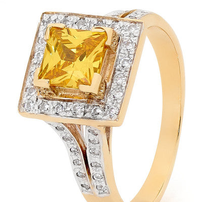 9CT YELLOW GOLD CITRINE CUBIC ZIRCONIA AND HALORING