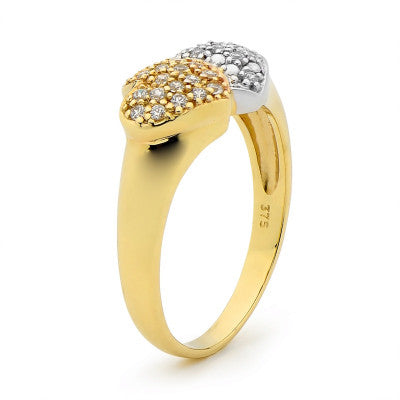 9CT YELLOW GOLD TWIN HEART CUBIC ZIRCONIA PAVE SET RING
