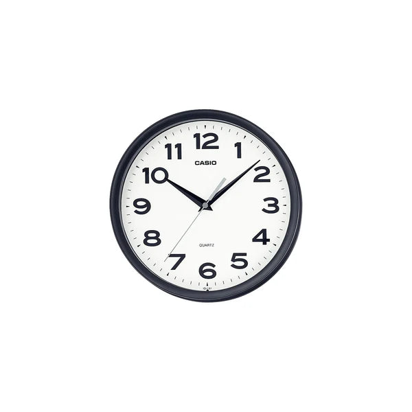 CASIO WALL CLOCK ROUND BLACK CASE WHITE FACE. IQ151-1D