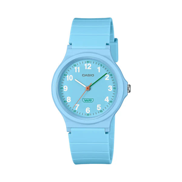 CASIO ANALOGUE WATCH LIGHT BLUE CASE AND RESIN BAND.
