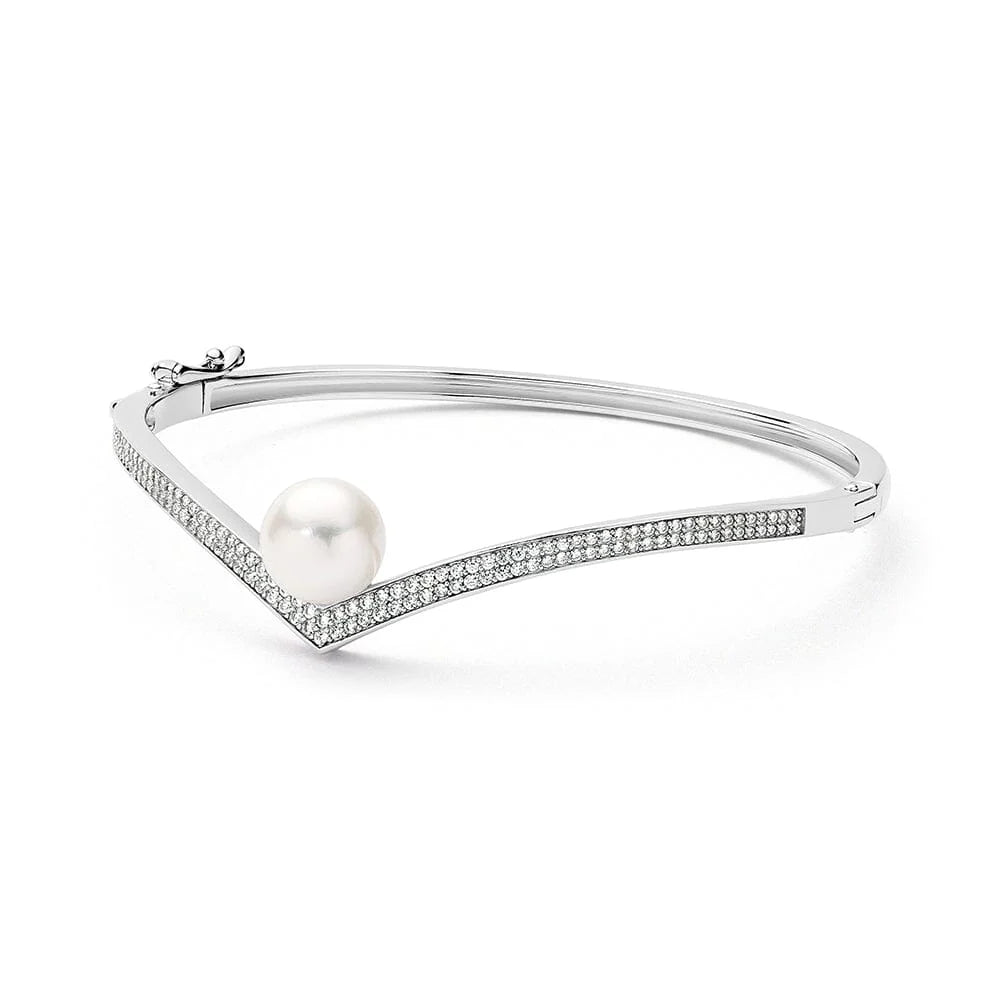 STERLING SILVER CUBIC ZIRCONIA FRESHWATER PEARL HINGED MINERVA BANGLE