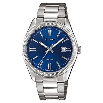 CASIO WATCH ANALOGUE WR BLUE FACE STAINLESS STEEL BAND.