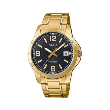 CASIO WATCH ANALOGUE GOLD PLATED BLACK FACE WITH DATE. MTPV004G-1B
