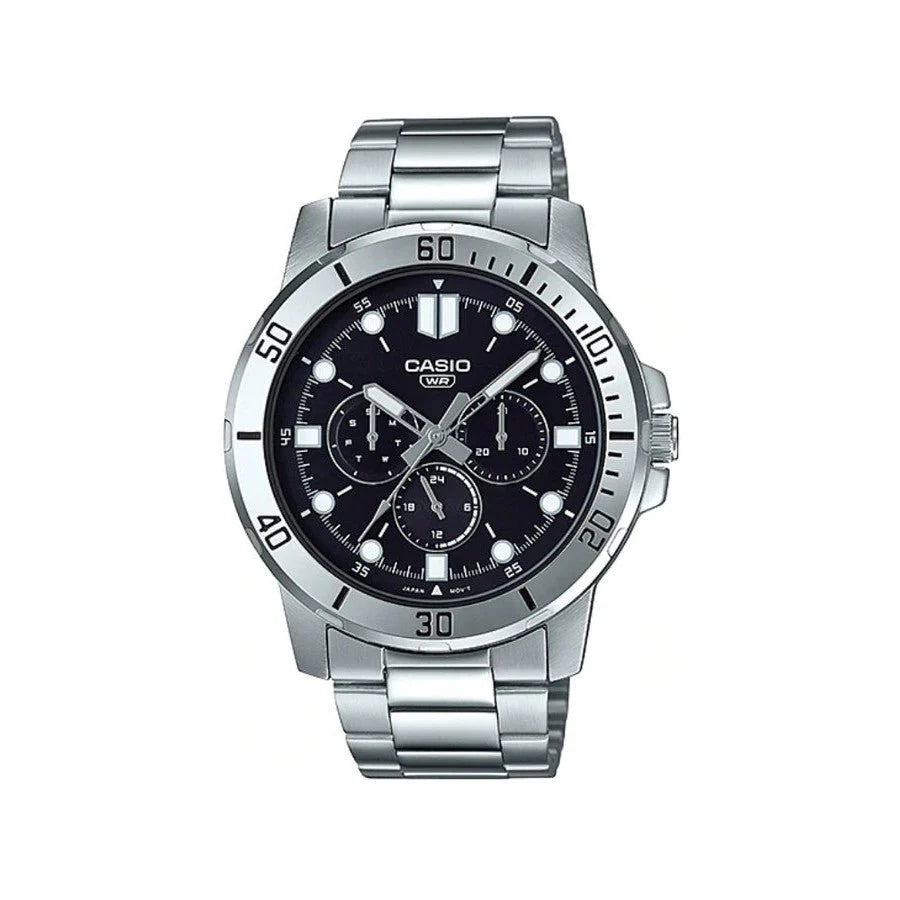 CASIO ANALOGUE WATCH BLACK DIAL STAINLESS STEEL BAND. MTPVD300D-1E