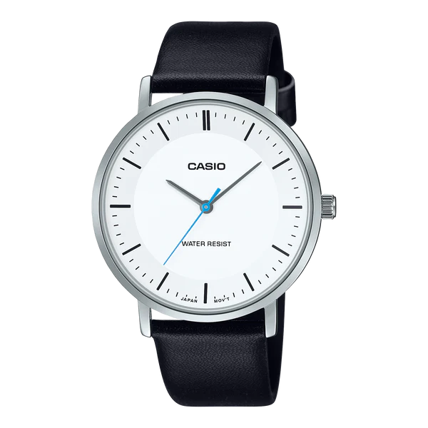 CASIO ANALOGUE WATCH WHITE DIAL WITH BLACK LEATHER BAND. MTPVT04L-7E