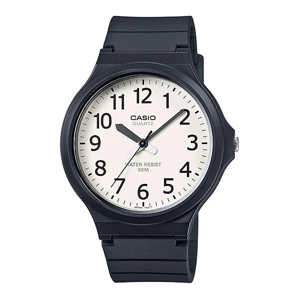 CASIO WATCH ANALOGUE WHITE FACE DATE, 50M WATER RESISTANT BLACK RESIN BAND MW59-7B
