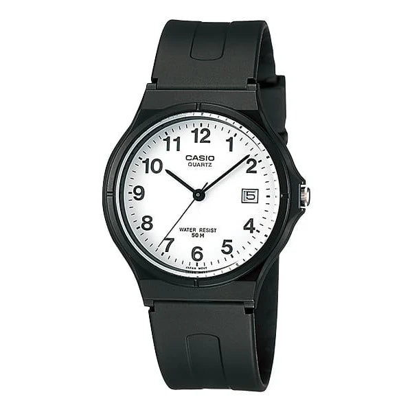 CASIO WATCH ANALOGUE WHITE FACE, 50M WATER RESISTANT BLACK RESIN BAND. MW240-7B