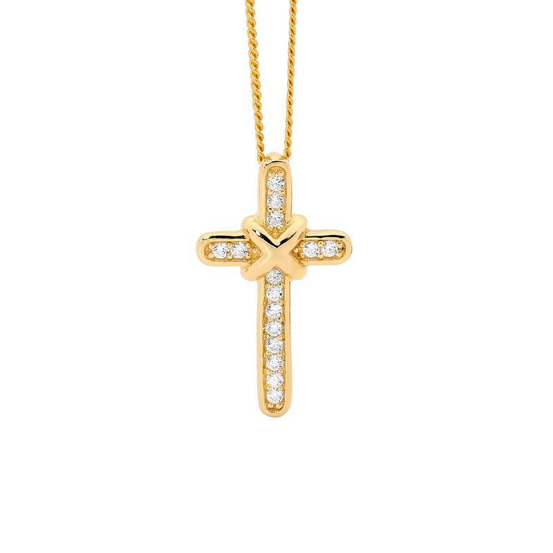 ELLANI GOLD PLATED CHANNEL SET CUBIC ZIRCONIA CROSS AND CHAIN P775G