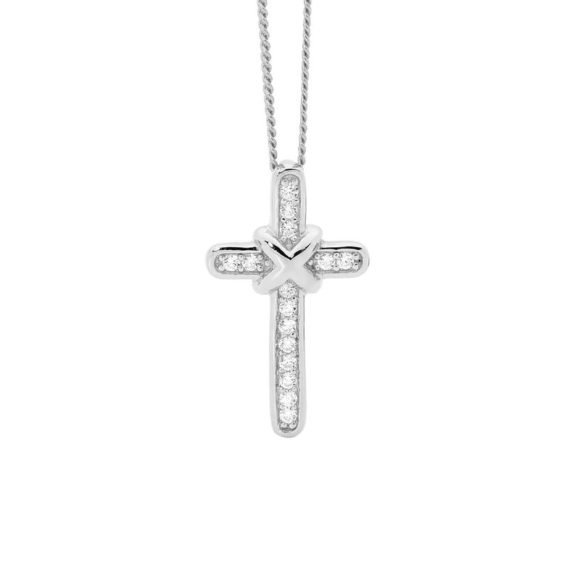 ELLANI STERLING SILVER RHODIUM PLATED FANCY CUBIC ZIRCONIA CROSS WITH CHAIN P775S