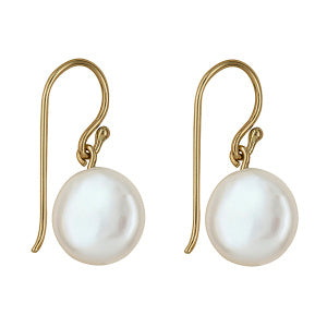 9CT YELLOW GOLD 12MM COIN FRESHWATER CULTURED PEARL HOOK EARRINGS