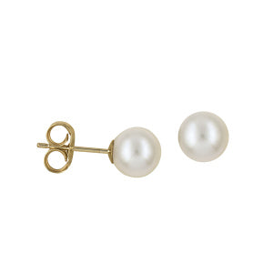 9CT YELLOW GOLD 6MM CULTURED FRESHWATER PEARL STUD EARRINGS.