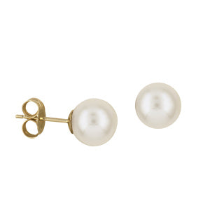 9CT YELLOW GOLD 8MM ROUND WHITE FRESHWATER PEARL STUDS.