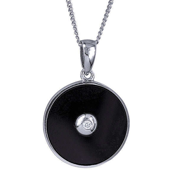 STERLING SILVER 15MM ONYX AND DIAMOND 15MM PENDANT WITH 45CM CURB CHAIN