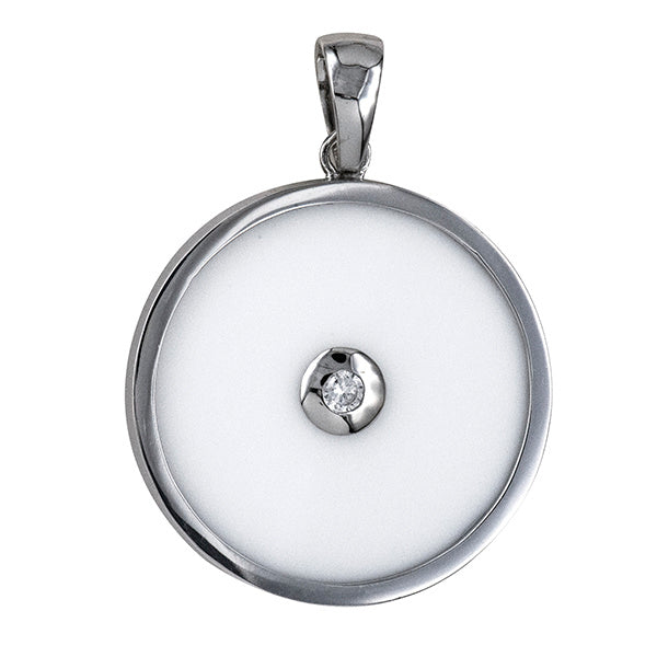 STERLING SILVER 35MM ROUND WHITE AGATE WITH CUBIC ZIRCONIA PENDANT