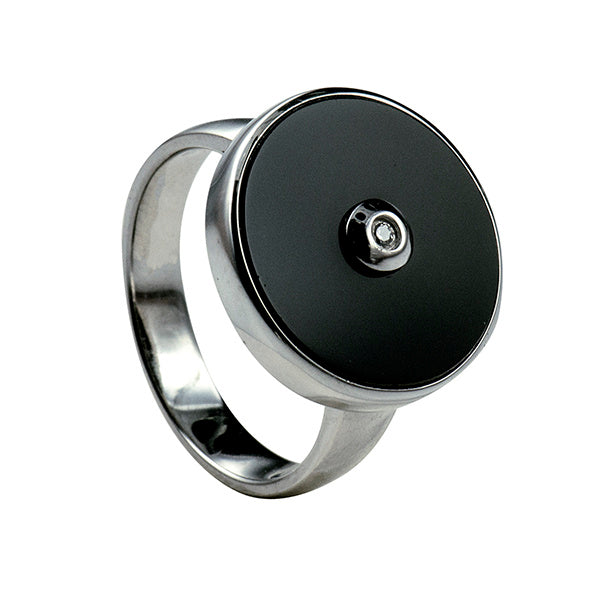 STERLING SILVER 15MM ROUND ONYX AND DIAMOND RING