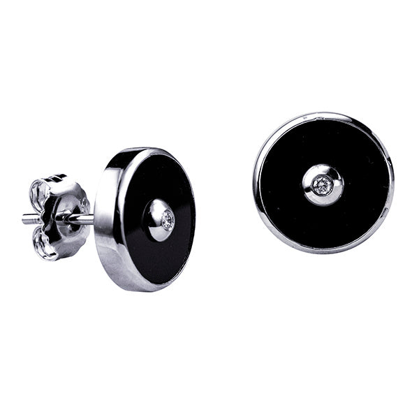 STERLING SILVER 11MM ONYX AND DIAMOND STUD EARRINGS