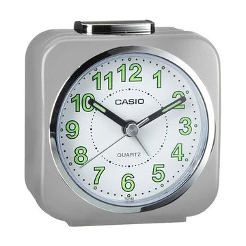 CASIO TRAVELERS ANALOGUE ALARM CLOCK SILVER CASE WHITE DIAL. TQ143-8