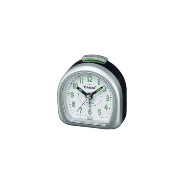 CASIO TRAVELLER ANALOGUE ALARM CLOCK BLACK AND SILVER CASE WHITE DIAL. TQ148-8