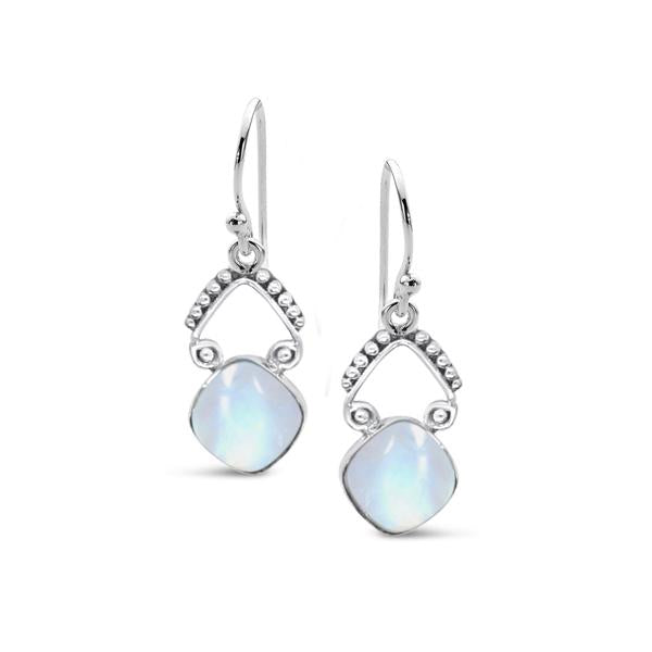 STERLING SILVER CABOCHON BEZEL SET MOONSTONE DROP HOOK EARRINGS.