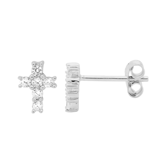 ELLANI STERLING CUBIC ZIRCONIA CROSS STUD EARRINGS