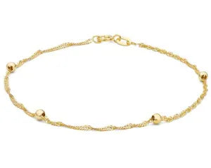 9CT YELLOW GOLD SOLID 19CM SINGAPORE TWIST AND BALL BRACELET.