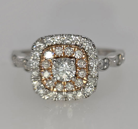 14CT TWO TONE FANCY DOUBLE HALO DIAMOND RING.