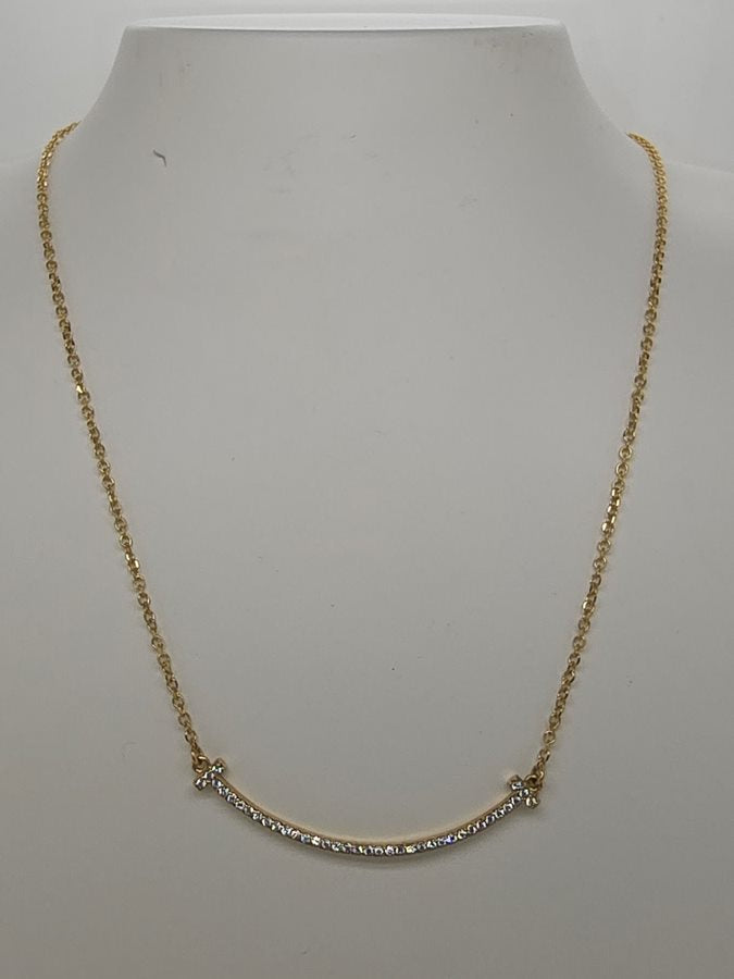 9CT YELLOW GOLD IMPORTED CUBIC ZIRCONIA CURVE BAR NECKLACE