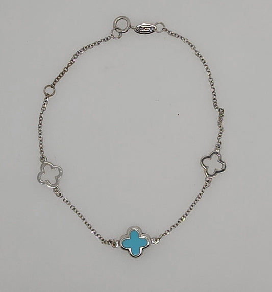 9CT WHITE GOLD IMPORTED 19CM TRACE CHAIN WITH TURQUOISE CLOVER BRACELET.