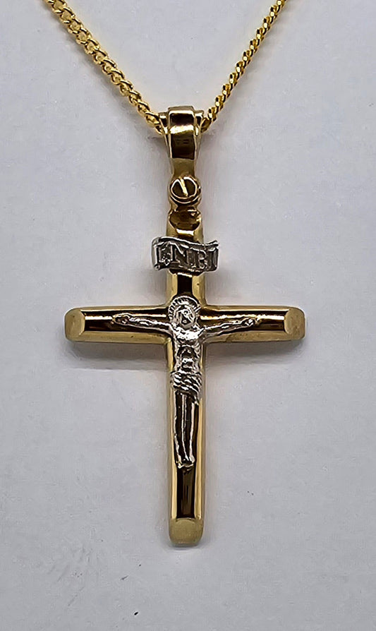 9CT TWO TONE CRUCIFIX PENDANT.