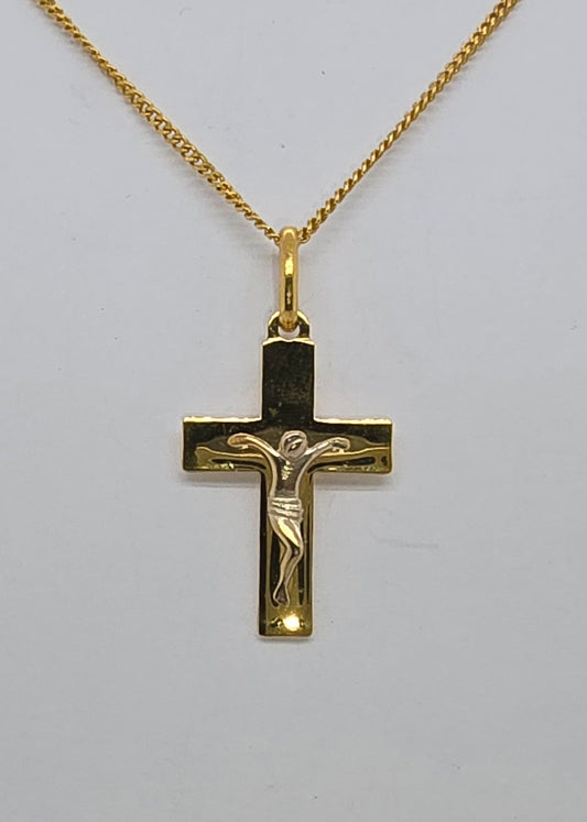 18CT TWO TONE CRUCIFIX PENDANT.