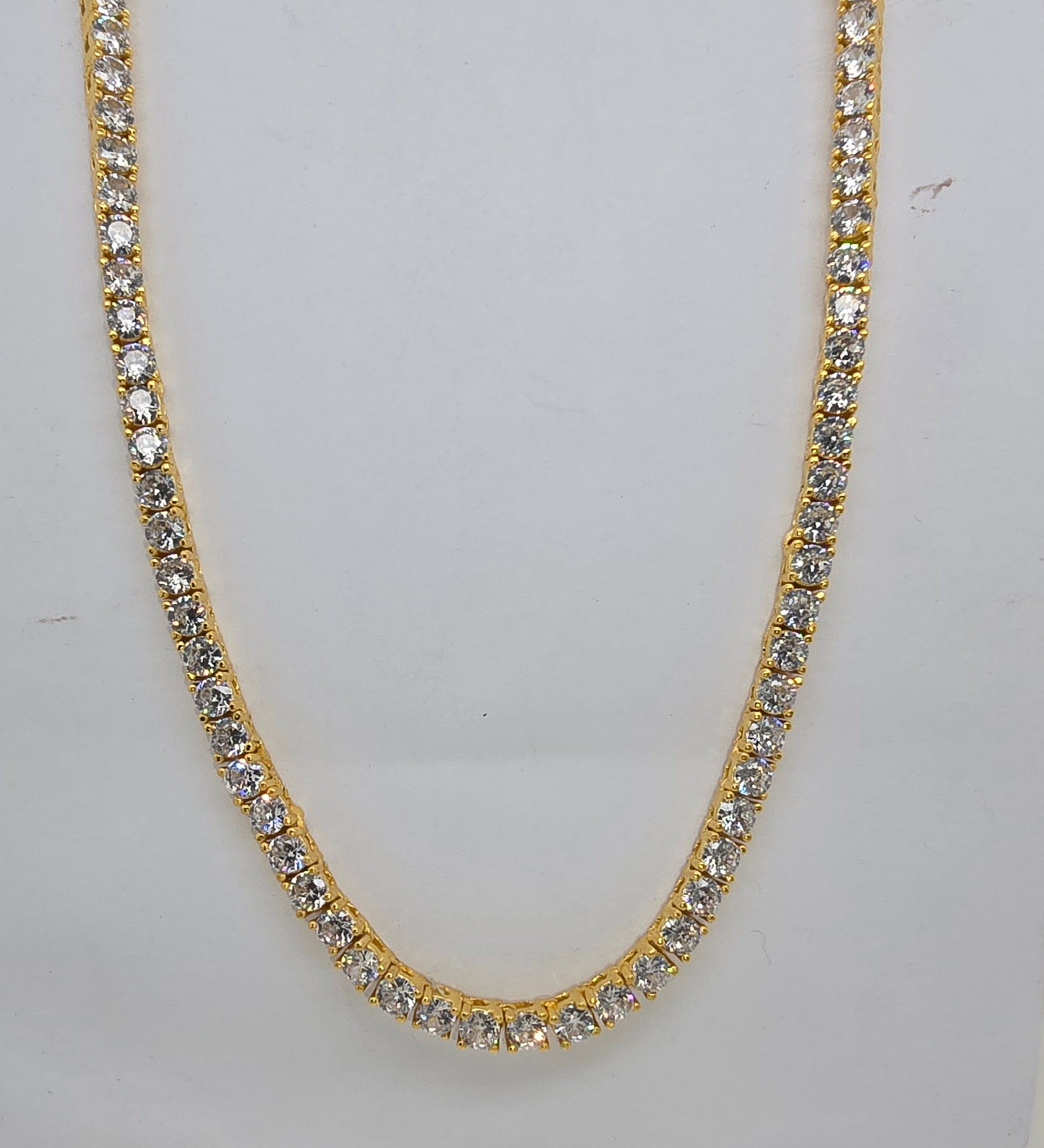 STERLING SILVER GOLD PLATED 3MM ROUND CUBIC ZIRCONIA TENNIS 45CM NECKLACE