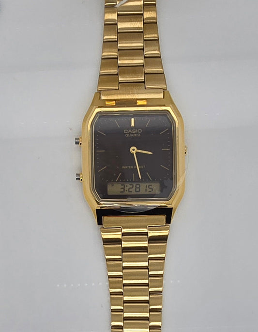 CASIO DUO WATCH SQUARE CASE, STAINLESS STEEL GOLD PLATED BAND AQ230GA-5A