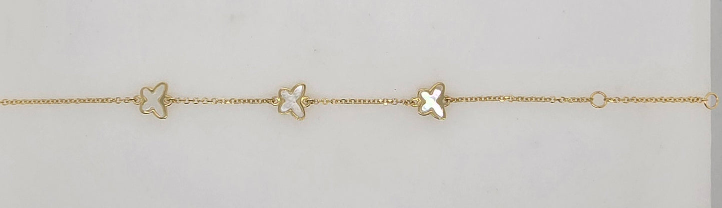 9CT YELLOW GOLD IMPORTED 16-18CM 3 X 7MM MOTHER OF PEARL BUTTERFLY BRACELET.