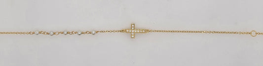 9CT YELLOW GOLD 17-19CM IMPORTED CUBIC ZIRCONIA DOUBLE SIDED CROSS AND 5 X 2.5MM FRESHWATER PEARL BRACELET.