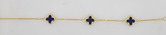 9CT YELLOW GOLD IMPORTED 16-18CM 3 X 9MM LAPIS LAZULI CLOVER BRACELET.