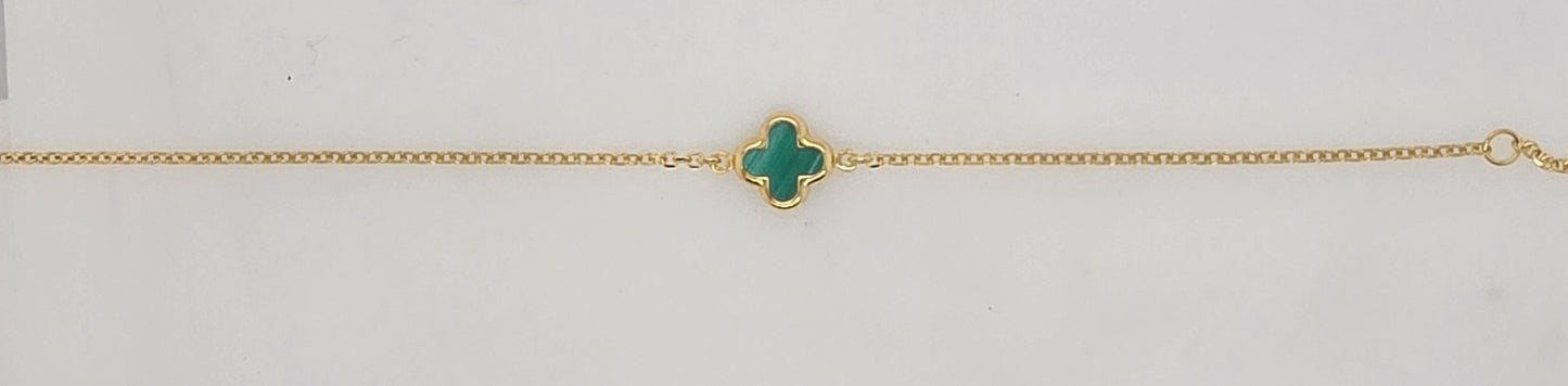 9CT YELLOW GOLD IMPORTED 16-18CM 9MM MALACHITE CLOVER BRACELET.