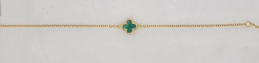 9CT YELLOW GOLD IMPORTED 16-18CM 9MM MALACHITE CLOVER BRACELET.