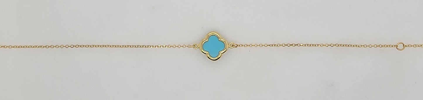 9CT YELLOW GOLD IMPORTED 16-19CM 10MM TURQUOISE CLOVER BRACELET.