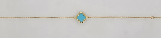 9CT YELLOW GOLD IMPORTED 16-19CM 10MM TURQUOISE CLOVER BRACELET.