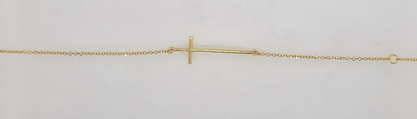 9CT YELLOW GOLD IMPORTED 16-18CM 30X10MM CROSS BRACELET.