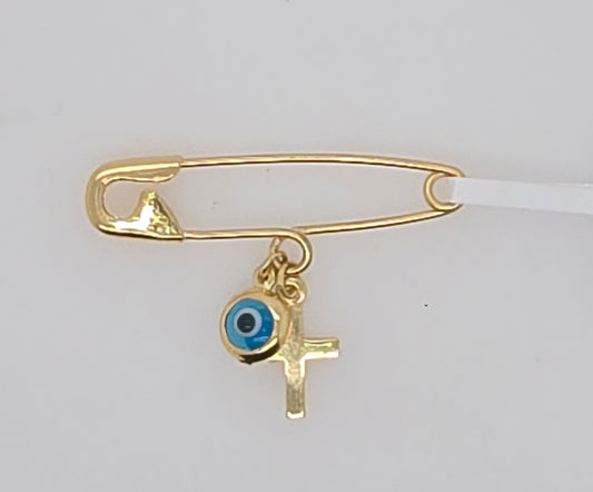 9CT YELLOW GOLD IMPORTED PIN WITH EVIL EYE AND CROSS.