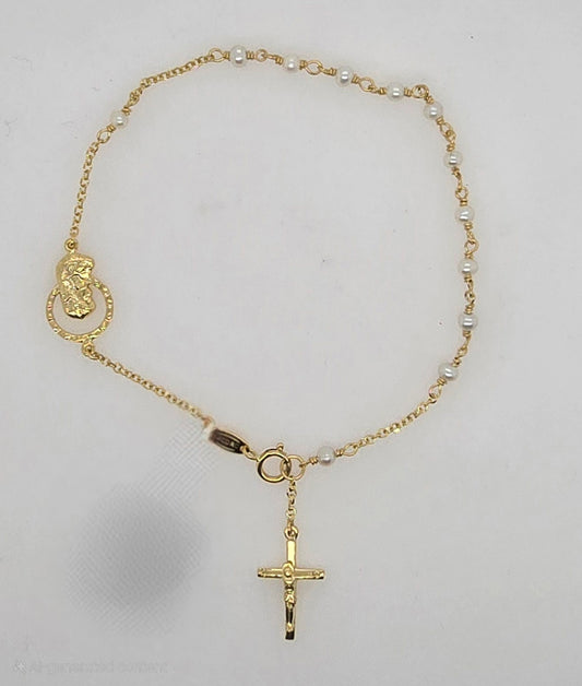 9CT YELLOW GOLD IMPORTED 18CM FRESHWATER PEARL ROSARY WITH MARY CHARM AND CROSS BRACELET.